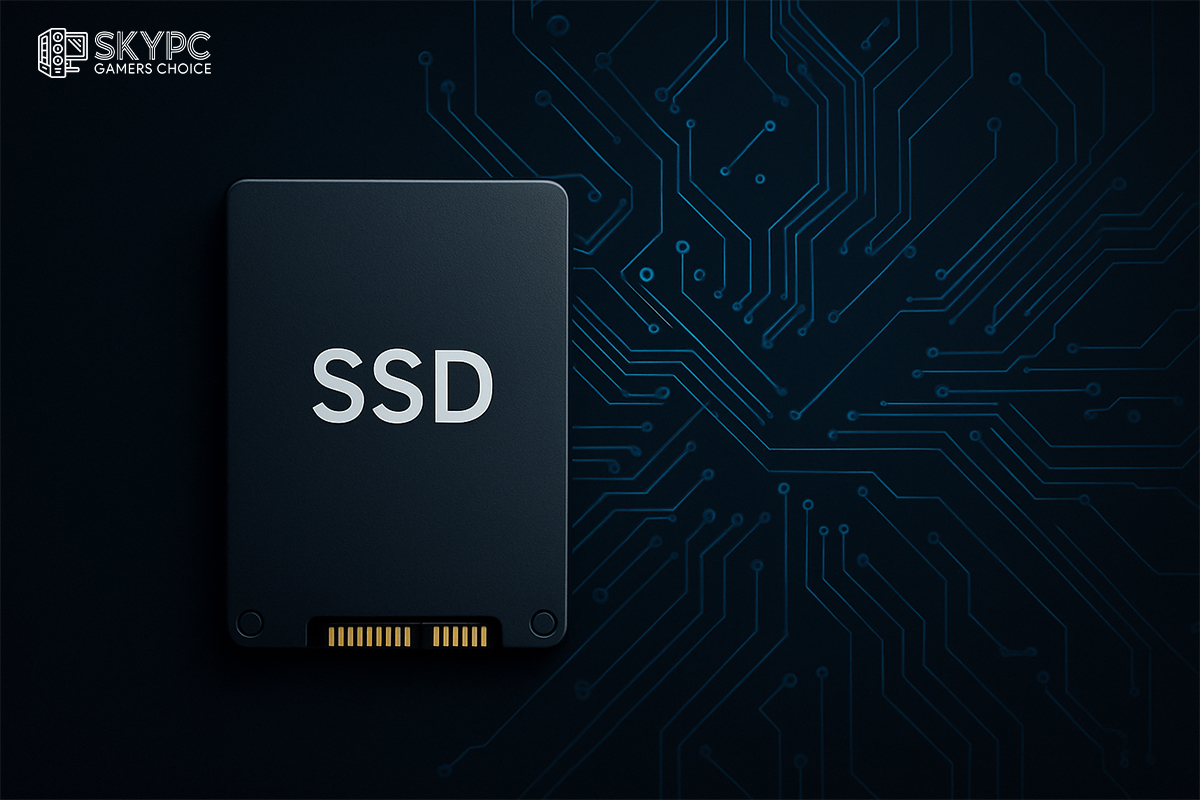 تصویری از یک درایو SSD با پس‌زمینه مدارهای الکترونیکی آبی، نماد عملکرد سریع و تکنولوژی ذخیره‌سازی 