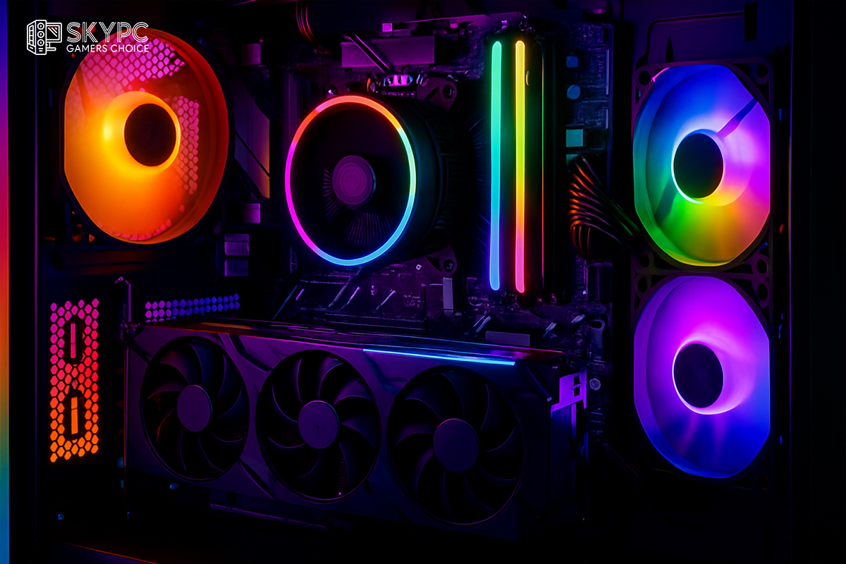 تصویر داخلی یک کیس کامپیوتر با نورپردازی RGB، نمایشدهنده جلوههای بصری فعال و محیط پرنور ویندوز