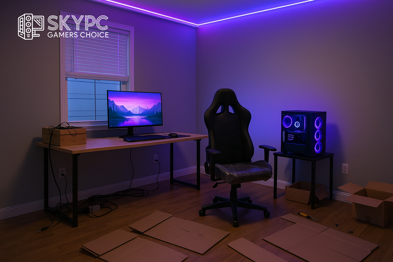 اتاق گیم مدرن در حال آمادهسازی با نور RGB بنفش و آبی، شامل میز چوبی، مانیتور، صندلی گیمینگ مشکی و کیس روشن در گوشه اتاق، همراه با کارتنها و ابزار روی زمین