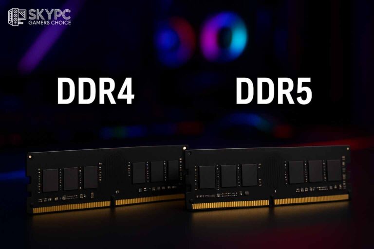مقایسه نزدیک دو ماژول رم DDR4 و DDR5 روی میز در یک محیط گیمینگ با نور RGB